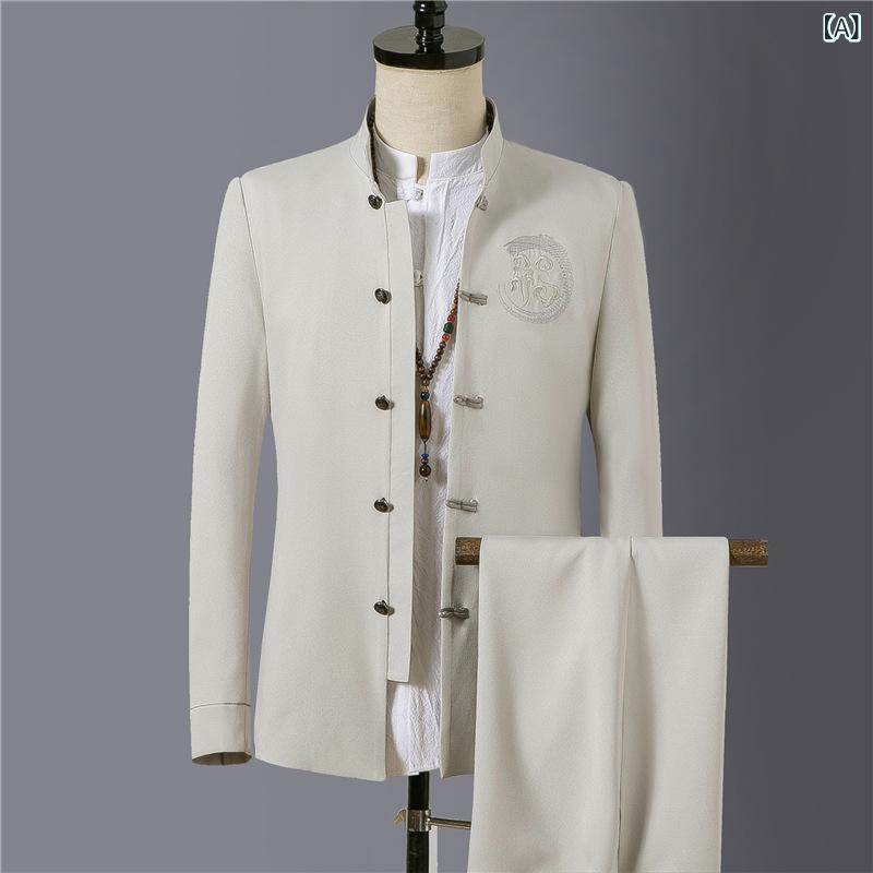 スーツ メンズ 男性用 フォーマルスーツ 上下セット 立ち襟 ポリエステル 秋冬 ミルクホワイト 黒 M L XL 2XL 3XL 4XL 5XL