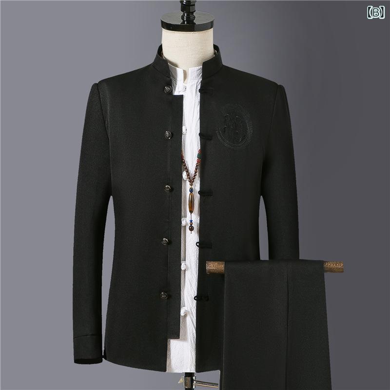 スーツ メンズ 男性用 フォーマルスーツ 上下セット 立ち襟 ポリエステル 秋冬 ミルクホワイト 黒 M L XL 2XL 3XL 4XL 5XL