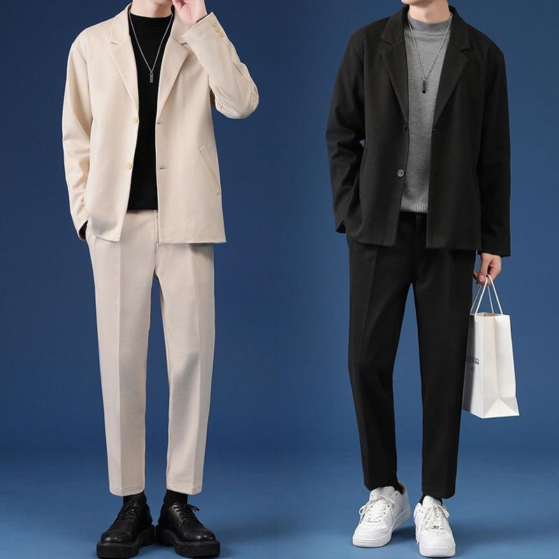 スーツ メンズ 男性用 ウールライク セットアップ スリムフィット 無地 韓国風 テーラードジャケット スラックス 上下セット カジュアル ビジネス フォーマル ポケット