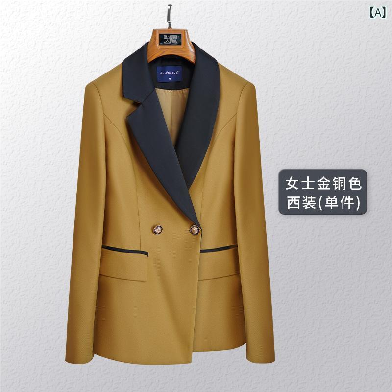 スーツ レディース 金銅色 ダブルブレスト テーラードジャケット スラックスパンツ 上下セットアップ ..
