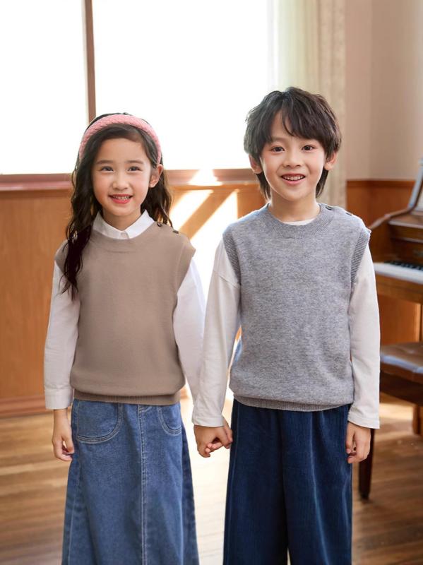 ニットベスト キッズ 100%ウール 子供用 ノースリーブ セーター 春秋 男の子 女の子 インナー ラウンドネック 無地 90cm 100cm 110cm 120cm 130cm 140cm 150cm 160cm