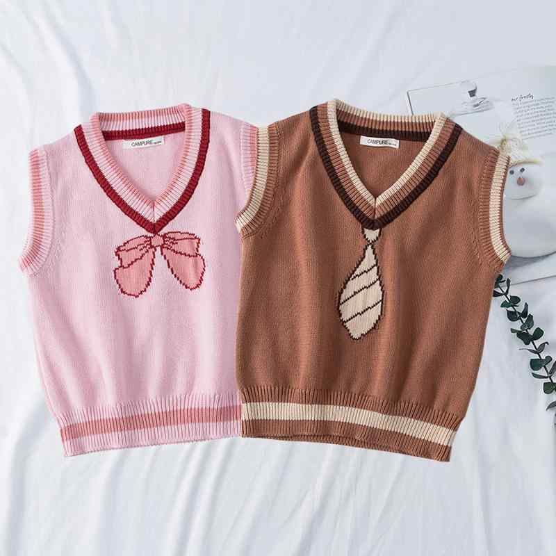 ニット キッズ ノースリーブ セーター Vネック 秋冬物 子供服 トップス 提花柄 蝶結び 綿100% ピンク チョコレート 80 90 100 110 120cm