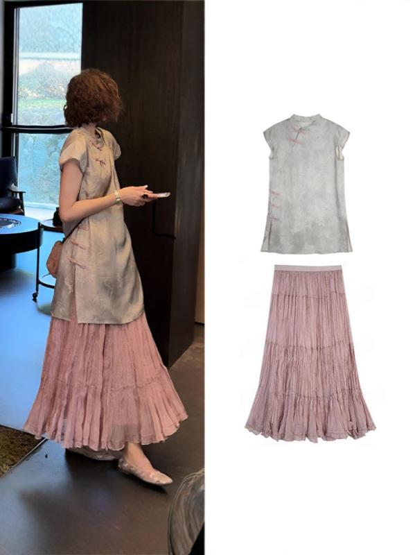 シャツ レディース チャイナドレス風 セットアップ ワンピース ミディアム丈 ケーキスカート ポリエス..