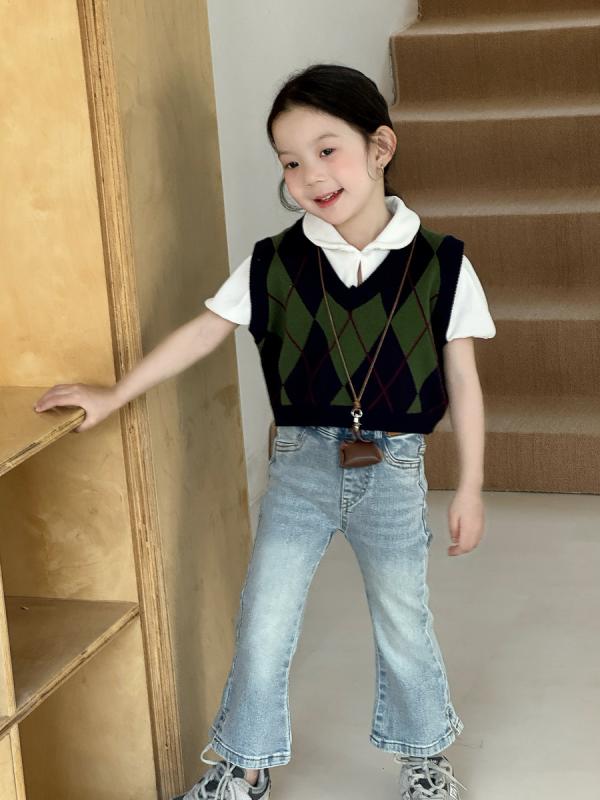 子供服 ベスト 女の子 レトロ 幾何学模様 Vネック ニット セーター 女児 子供 ベビー服 スクール風 ショート丈 コットン 90cm 100cm 110cm 120cm 130cm 140cm 150cm