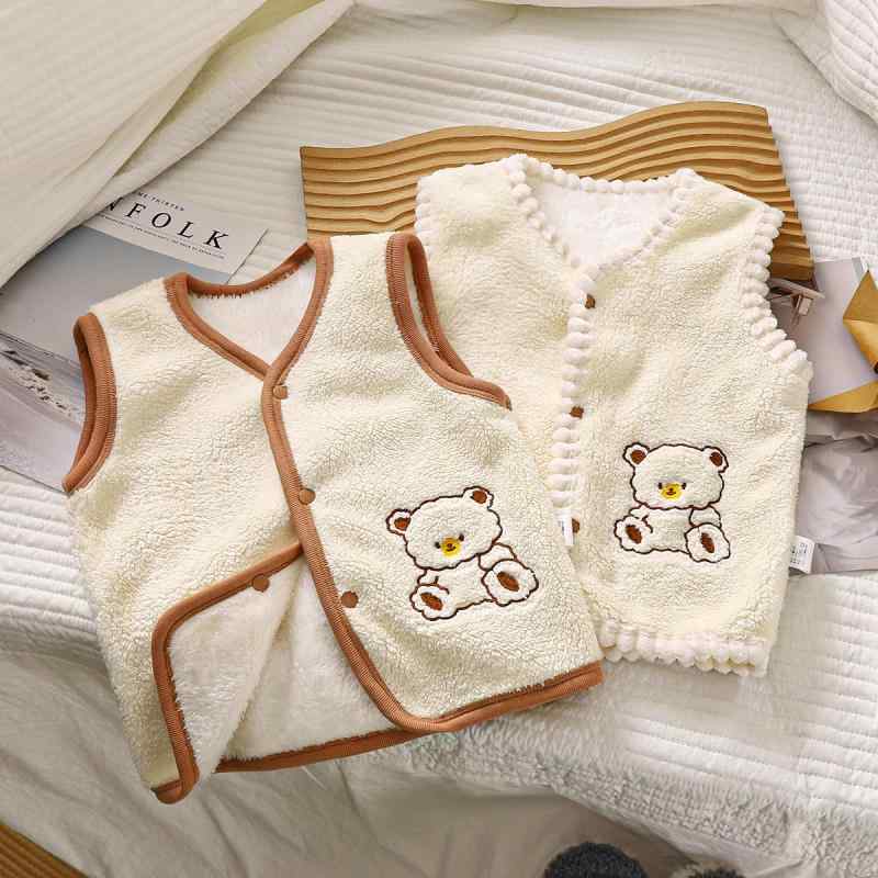 子供用ベスト 秋冬 韓国風 かわいい 羊毛風 刺繍 小熊 ボタン留め ベビー キッズ 73CM 80cm 90cm 100cm..