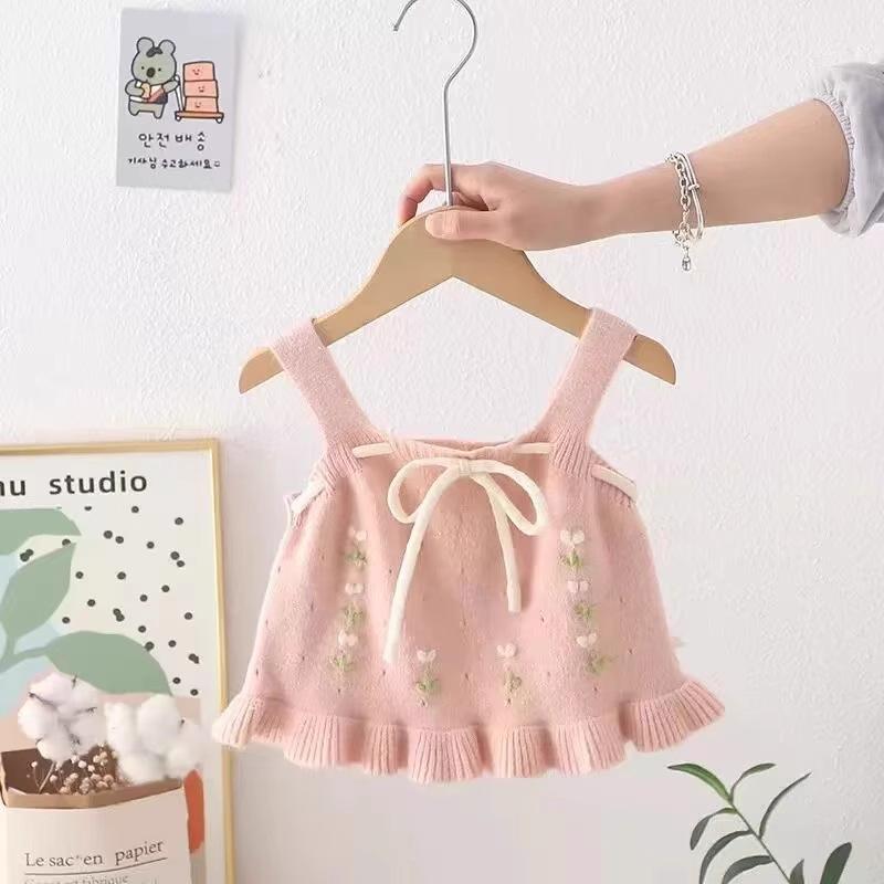 キッズ ベスト 女の子 小花柄 蝶結び ニット 子供服 韓国風 かわいい おしゃれ チョッキ 春秋 冬 ノー..