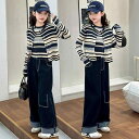 ニット キッズ 女の子 春秋 ニットセーター カーディガン セットアップ 子供服 ストライプ柄 ニットベスト 2点セット 伸縮性 普段着 通園 通学 120cm...