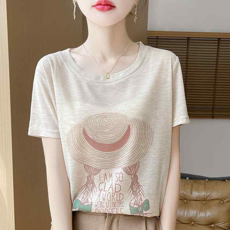 Tシャツ レディース 天竺 半袖 ラウンドネック プリント 草模様 帽子 接触冷感 薄手 ゆったり シルエッ..