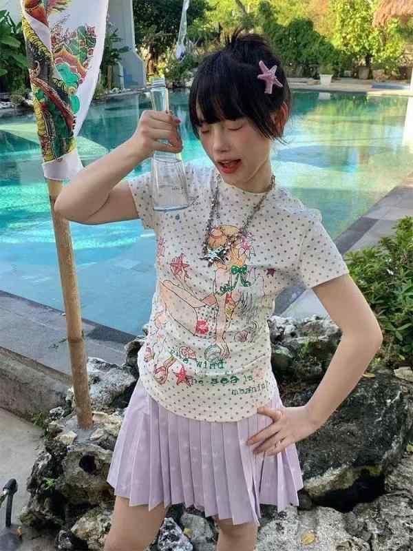 Tシャツ レディース 半袖 トップス 韓国風 かわいい ガーリー ドット柄 スリム 細見え 美シルエット グ..