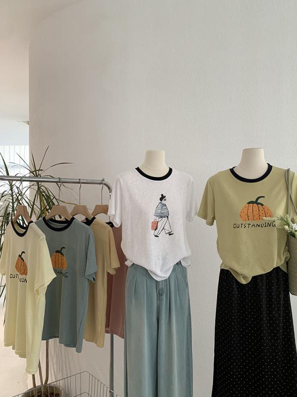 Tシャツ ガールズ 女の子 半袖 雪花綿 プリント 配色 クルーネック 丸首 トップス カットソー ゆったり..