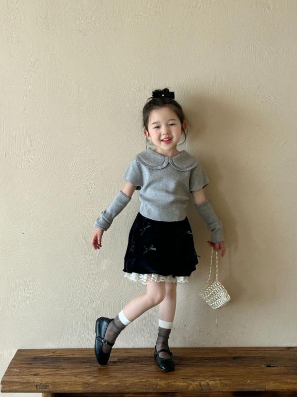 ニット 春秋 キッズ 女の子 ニットトップス 半袖 ピーターパン襟 カットソー 子供服 かわいい おしゃれ ガールズ 普段着