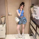子供用セットアップ ノースリーブニット デニムショートパンツ キュロット 2点セット ガールズ 夏物 カジュアル
