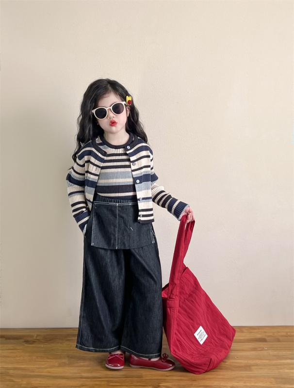 子供用ニットカーディガン セットアップ 春物 女の子 2点セット ボーダー柄 トップス へアアクセサリー..