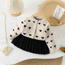 子供用ニットアンサンブル 春秋冬 女の子向け カーディガン & スカート セットアップ 愛らしいハート柄 ミルクホワイト 90 100 110 120 130c...