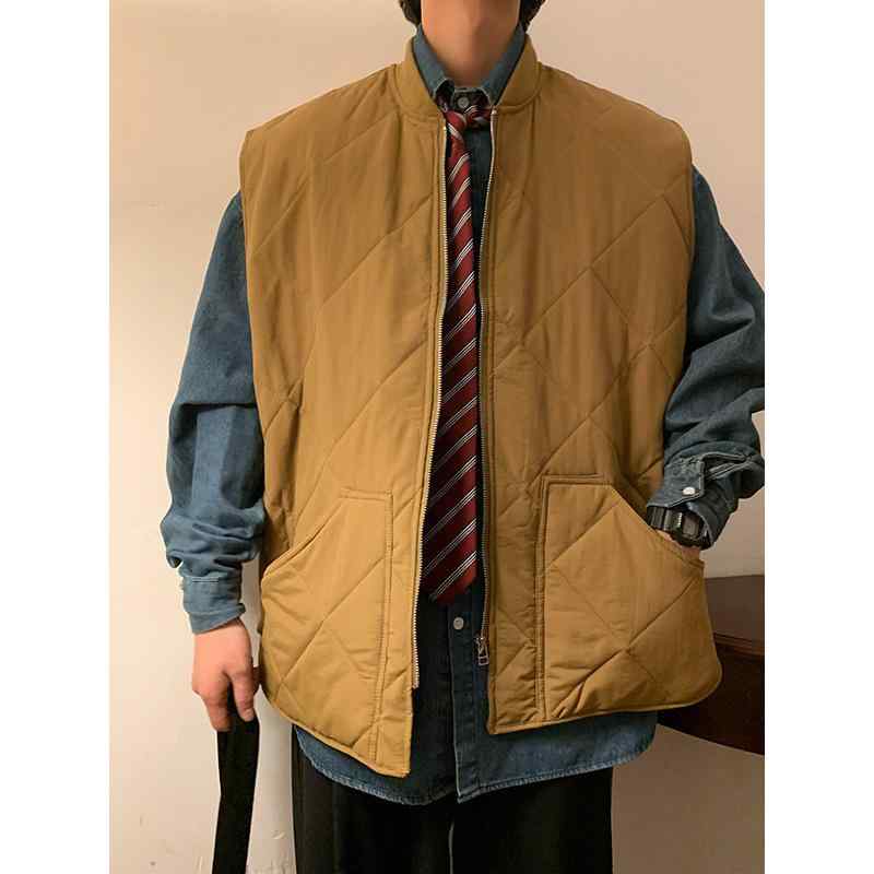 ベスト 男性用 レトロ 綿入り 冬物 韓国風 BF風 ゆったり シンプル 学生 無地 ノースリーブ チョッキ アウター