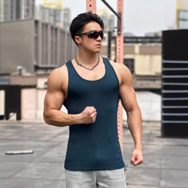 タンクトップ メンズ 男性用 ニット 縦縞模様 スポーツ トレーニング ウェア フィットネス 伸縮性 ポリエステル ホワイト ブラック ネイビー カーキ 春夏