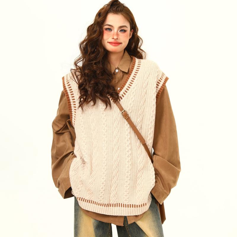 ニット メンズ Vネック セーター ベスト 秋冬 韓国風 ゆったり カジュアル トップス コットン混紡 杏色 コーヒー色(4)