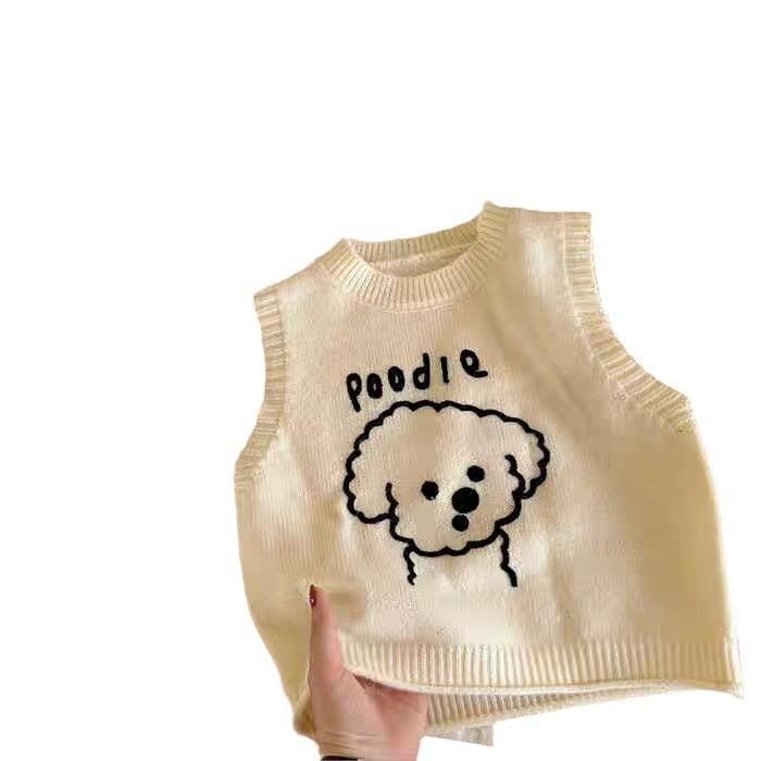子供服 ベスト 春秋 ニット セーター 犬柄 男の子 女の子 90 100 110 120 130 140 グレー アイボリー ..