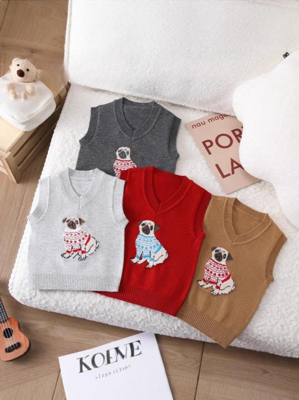 子供服 ベスト 春秋 男の子 ニット セーター ノースリーブ チョッキ 女の子 アウター かわいい 小犬 綿..
