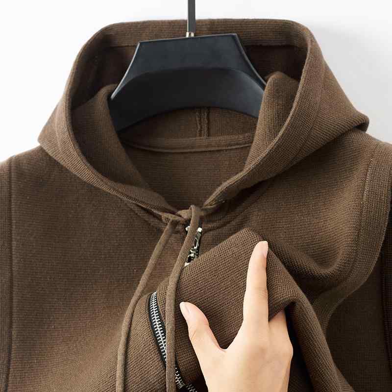 ニットベスト メンズ 男性用 シルク ウール ジップアップ パーカー付き チョッキ アウター ポケット付き 無地 春秋 カジュアル スタイル 修身型