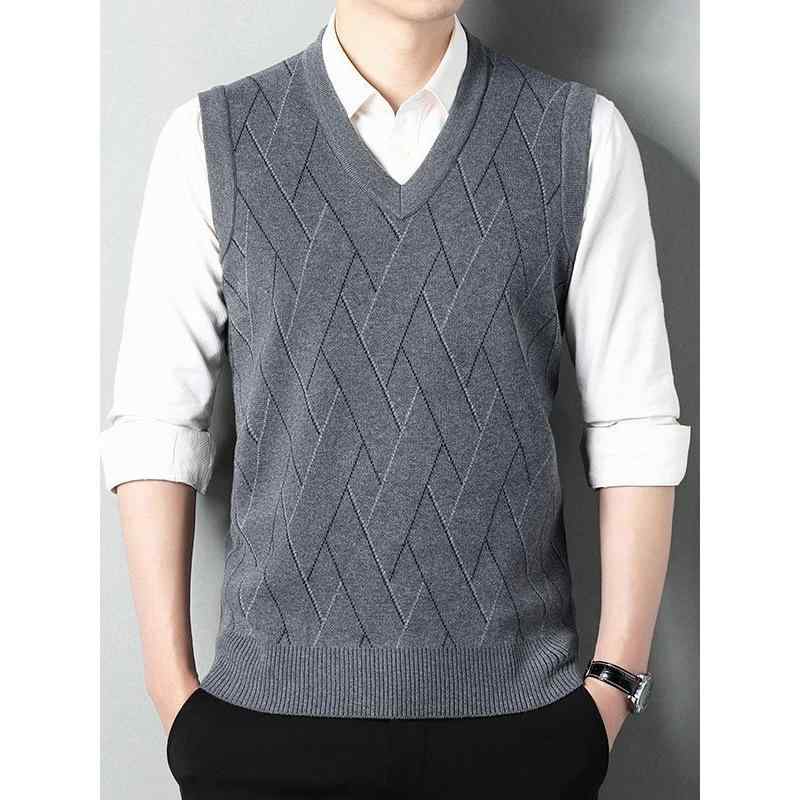 ニットベスト 男性用 ストライプ柄 Vネック シニア 向け 混紡 薄手 ゆったりサイズ グレー系 秋冬