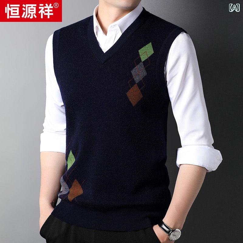 ニットベスト 男性用 ウール100% Vネック セーター 秋冬 格子柄 紺色 グレー