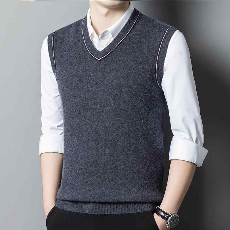 ニットベスト メンズ Vネック ウール100% 厚手 秋冬 無地 紳士 男性用 セーター ウールベスト チョッキ ビジネス カジュアル