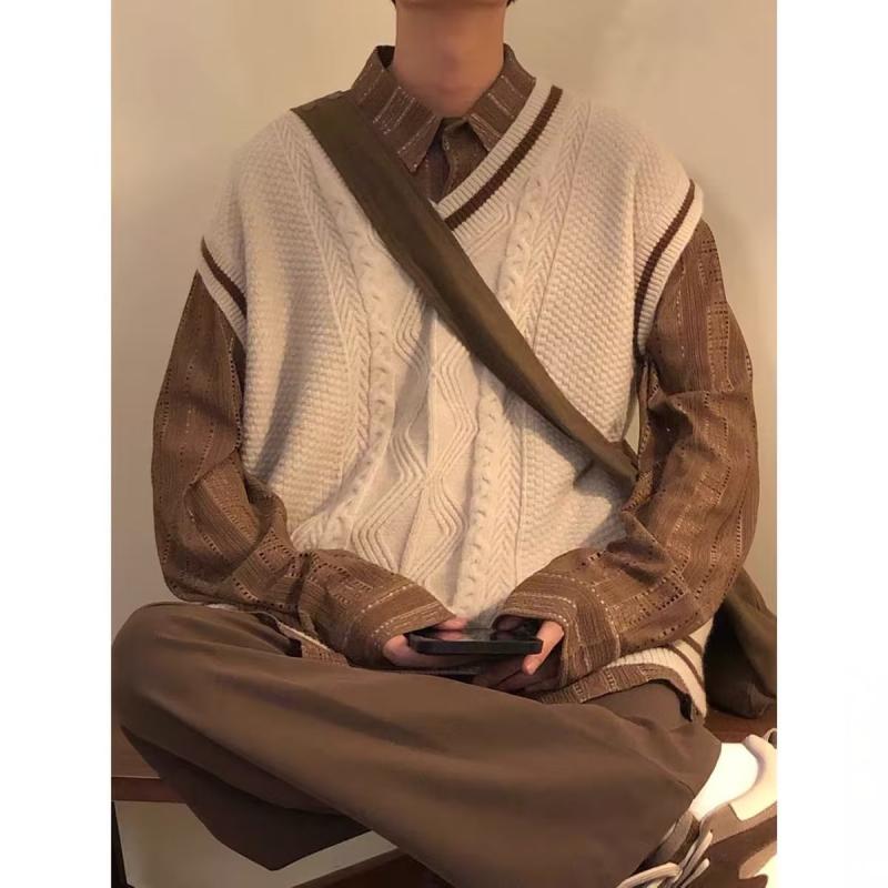 ニットベスト 男性用 Vネック ウール混紡 学院風 レトロ ノースリーブ セーター プルオーバー チョッキ 春秋(4)