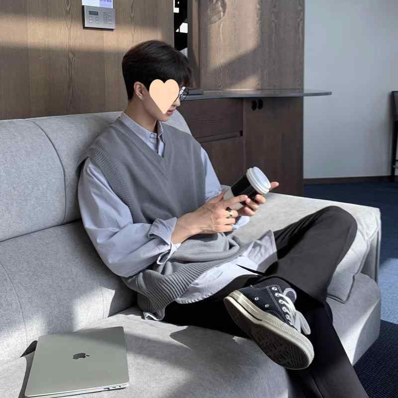 ニットベスト メンズ レディース ゆったり 学生 トップス アクリル 切り替え バイカラー ホワイト ブラック ブルー グレー