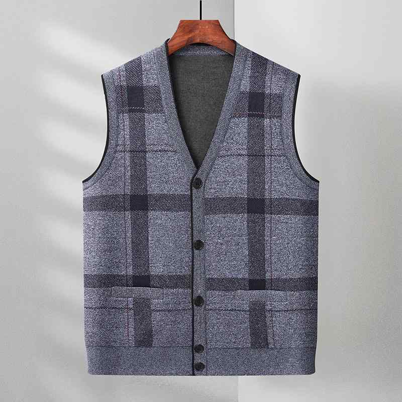 ベスト 男性用 Vネック 格子柄 ニット シニア 紳士服 ゆったりサイズ 春秋 前開き コットン混紡 チョッ..