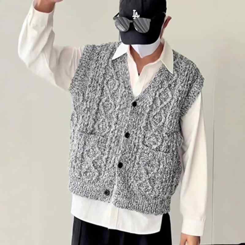 カーディガン メンズ ニットベスト 秋冬 男性用 Vネック チョッキ 前開き 無地 部屋着 普段使い グレー..