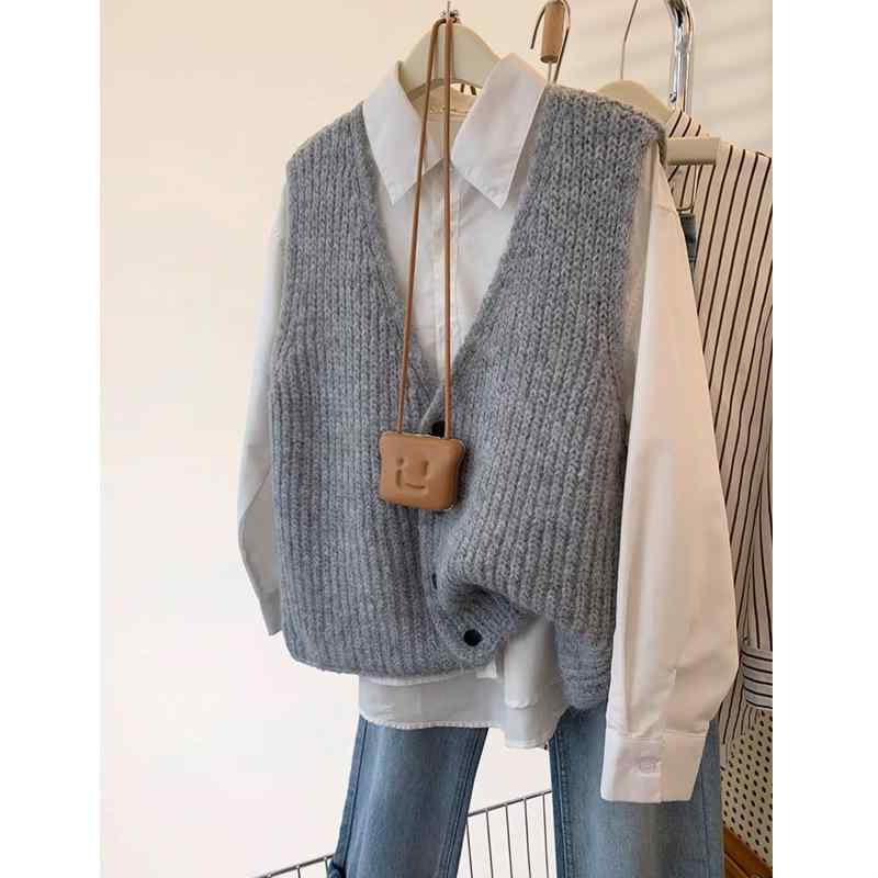 ニットベスト レディース Vネック グレー ブラウン ポリエステル 重ね着 レイヤード カジュアル 秋冬