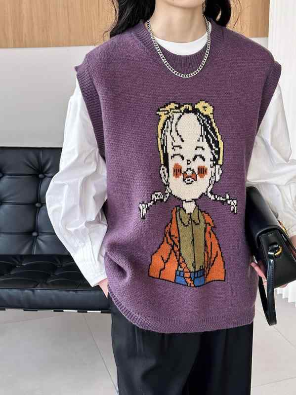 ニットベスト レディース 韓国風 ゆったり かわいい カートゥーン ニット ミドル丈 ラウンドネック ノ..