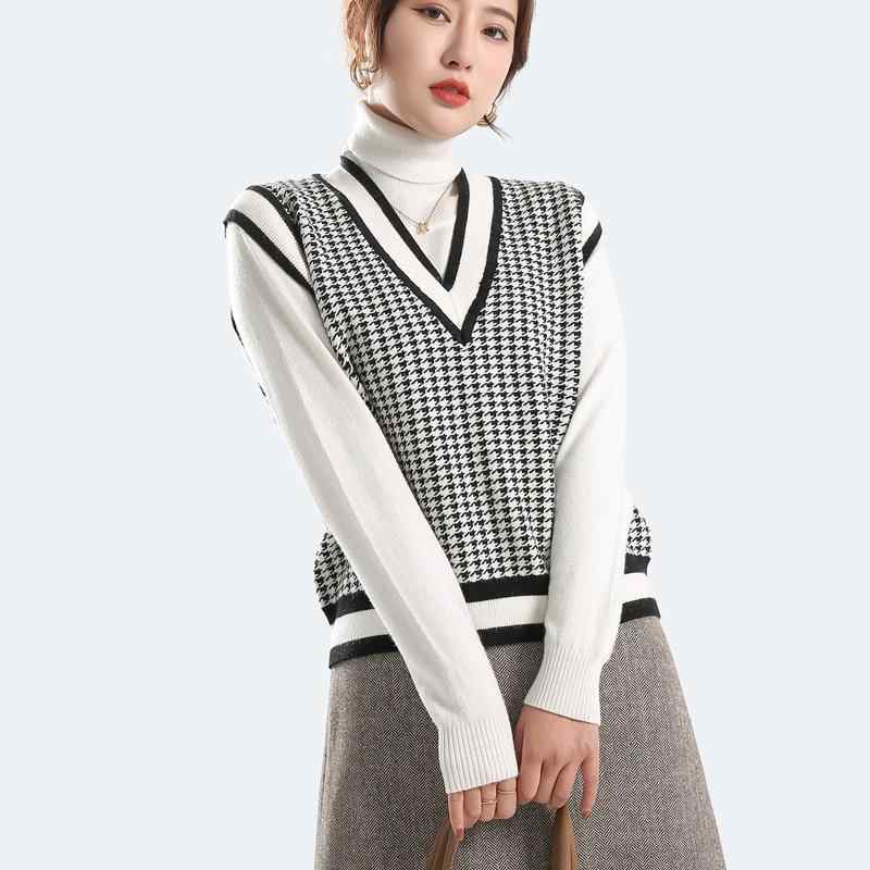 ニット レディース Vネック プルオーバー 格子柄 ショート丈 ニットベスト 婦人服 レトロ トップス カ..