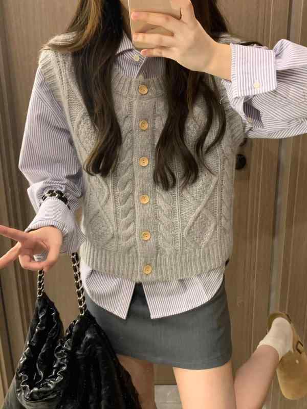 シャツ レディース グレー ニット ベスト 春秋 トップス レイヤード風 重ね着風 無地 かわいい カジュ..