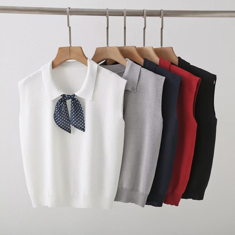 ニット レディース ベスト トップス ポロネック スカーフ付き ポリエステル 通勤着 普段使い 白色 赤色..