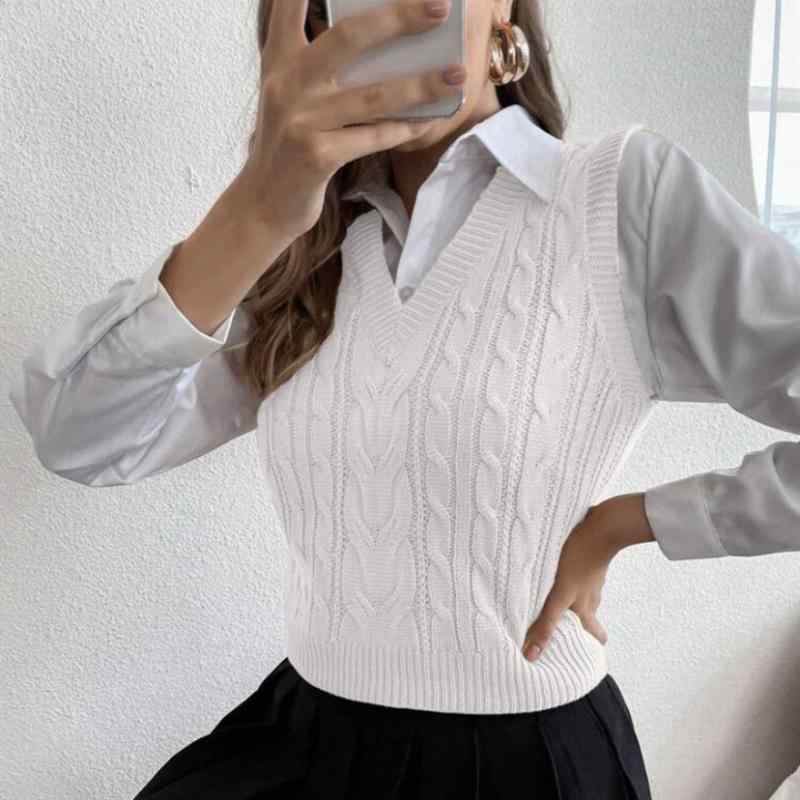 ニットベスト レディース Vネック プルオーバー ケーブル編み トップス 秋冬 ノースリーブ セーター 重..