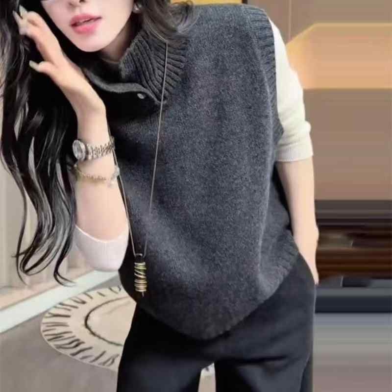 ニット レディース 高襟 ニットベスト レイヤード風 秋冬 接触冷感 ゆったり チュニック トップス プル..