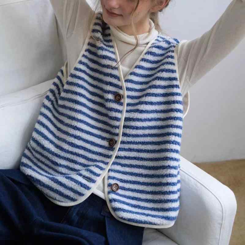 ベスト レディース 北欧風 配色 ストライプ シープボア あったか ノースリーブ トップス 羽織り 秋冬 ..