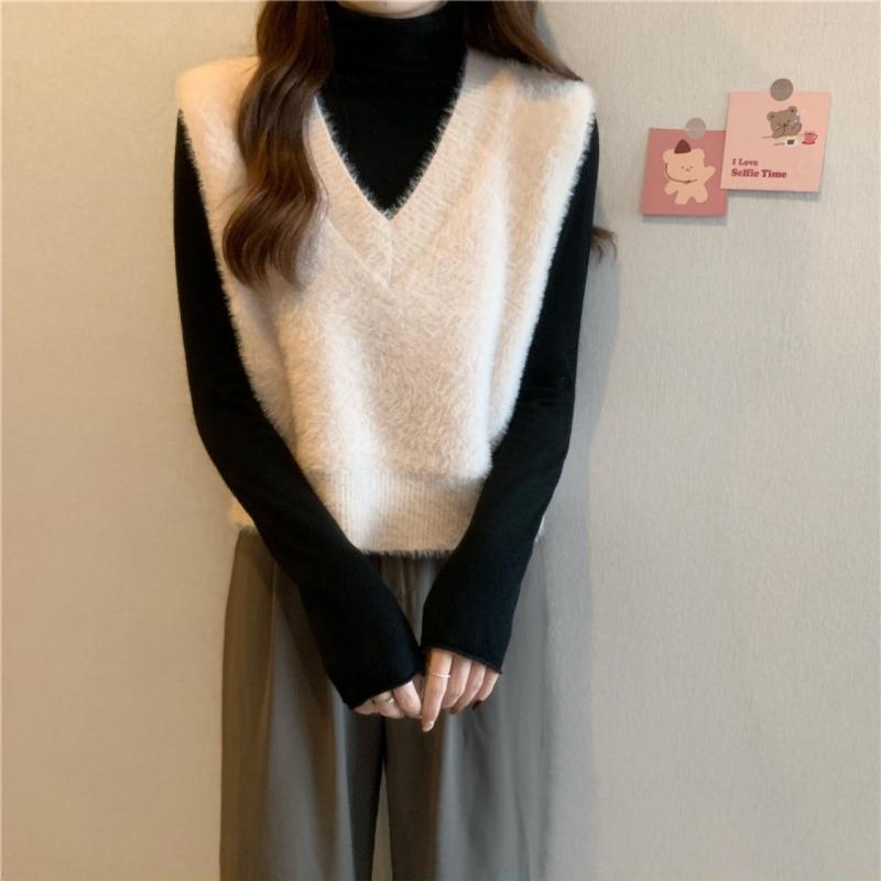 ベスト レディース 秋冬 Vネック チョッキ 重ね着風 あったか 防寒 カジュアル 通勤 ポリエステル ホワ..