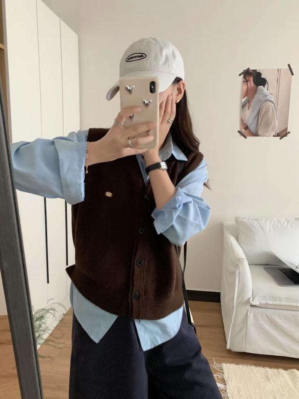 ニットベスト レディース Vネック セーターベスト 重ね着 トップス ゆったり 無地 杏色 キャメル ベー..