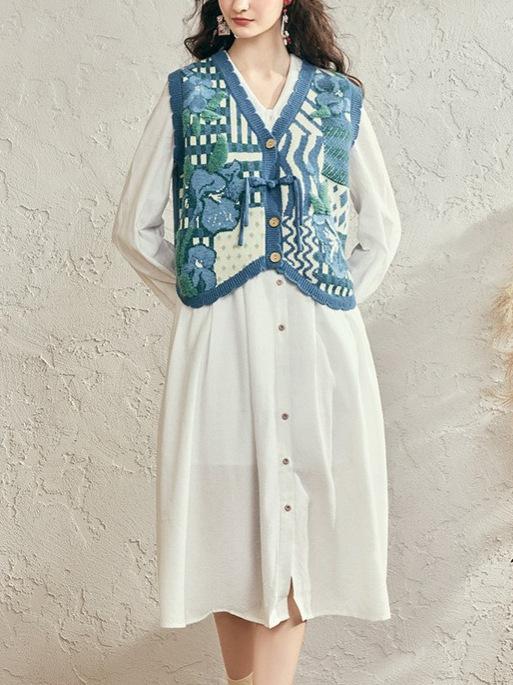 ニットベスト レディース Vネック プルオーバー 切り替え 花柄 ブルー ブラウン 秋冬 通勤 ゆったり 普..