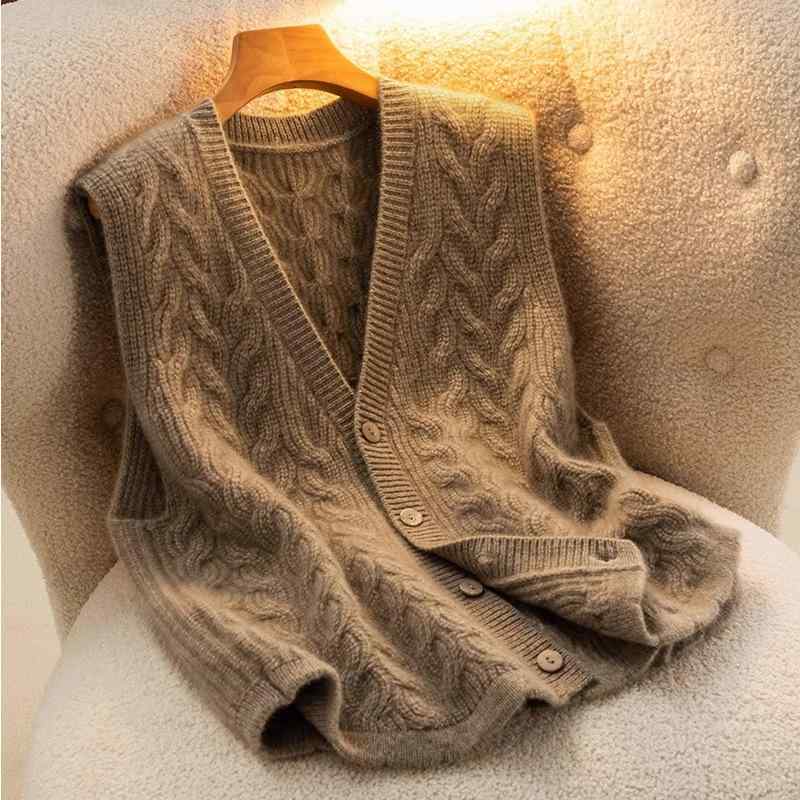 ニット レディース 秋冬 Vネック 無袖 カーディガン ベスト ケーブル編み チョッキ 杏色 キャメル 普段..