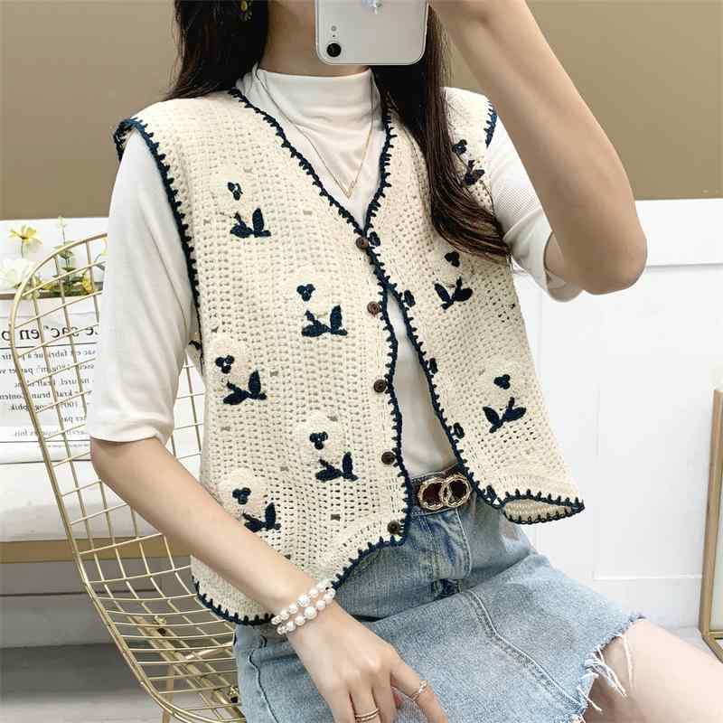 ベスト レディース レトロ ジャカード ニット かぎ針編み 幾何学模様 Vネック ショート丈 コットン ゆ..
