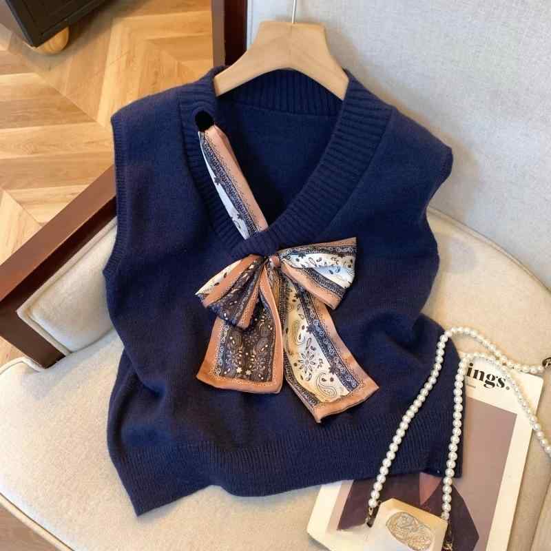 ニットベスト レディース リボン Vネック ノースリーブ トップス プルオーバー 韓国風 かわいい 秋 ブ..