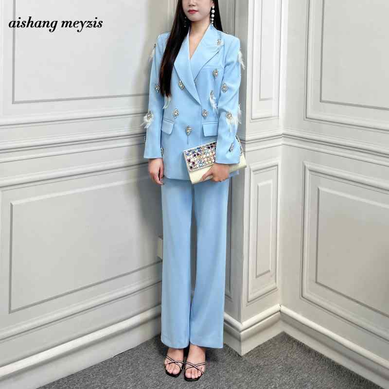 スーツ レディース ビジネス ブルー系 パンツスーツ セットアップ 春秋冬 通勤 エレガント 钉钻 羽根 ポリエステル
