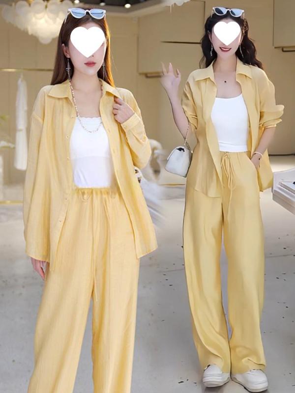 セットアップ レディース 春夏 長袖 シャツ ワイドパンツ 2点セット 紫外線対策 ポリエステル イエロー系 ブルー系 オフィスカジュアル 通勤
