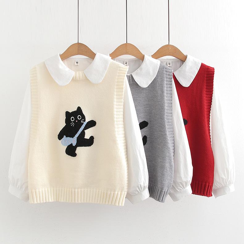 シャツ レディース ニットベスト ブラウス セットアップ 春物 かわいい 猫柄 刺繍入り トップス S M L ..