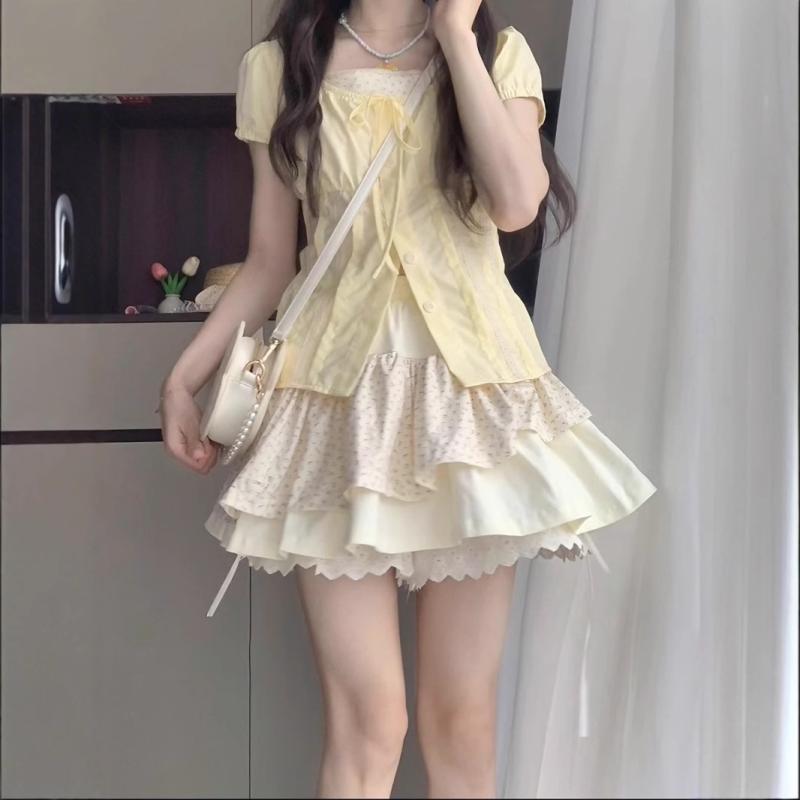 セットアップ レディース 半袖ブラウス ケーキスカート ミニスカート 浅黄色 ポリエステル 清新 かわい..