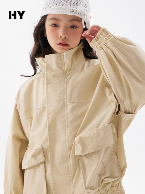 子供服 ジャケット ガールズ アウター 立襟 ブルゾン ジャンパー 韓国風 スプリングコート ミリタリーテイスト 無地 普段着 おしゃれ 120cm 130cm 140cm 150cm 160cm